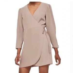 Top Shop Women’s Wrap Dress Tan Beige Gathered Shoulders Size 14 EUC